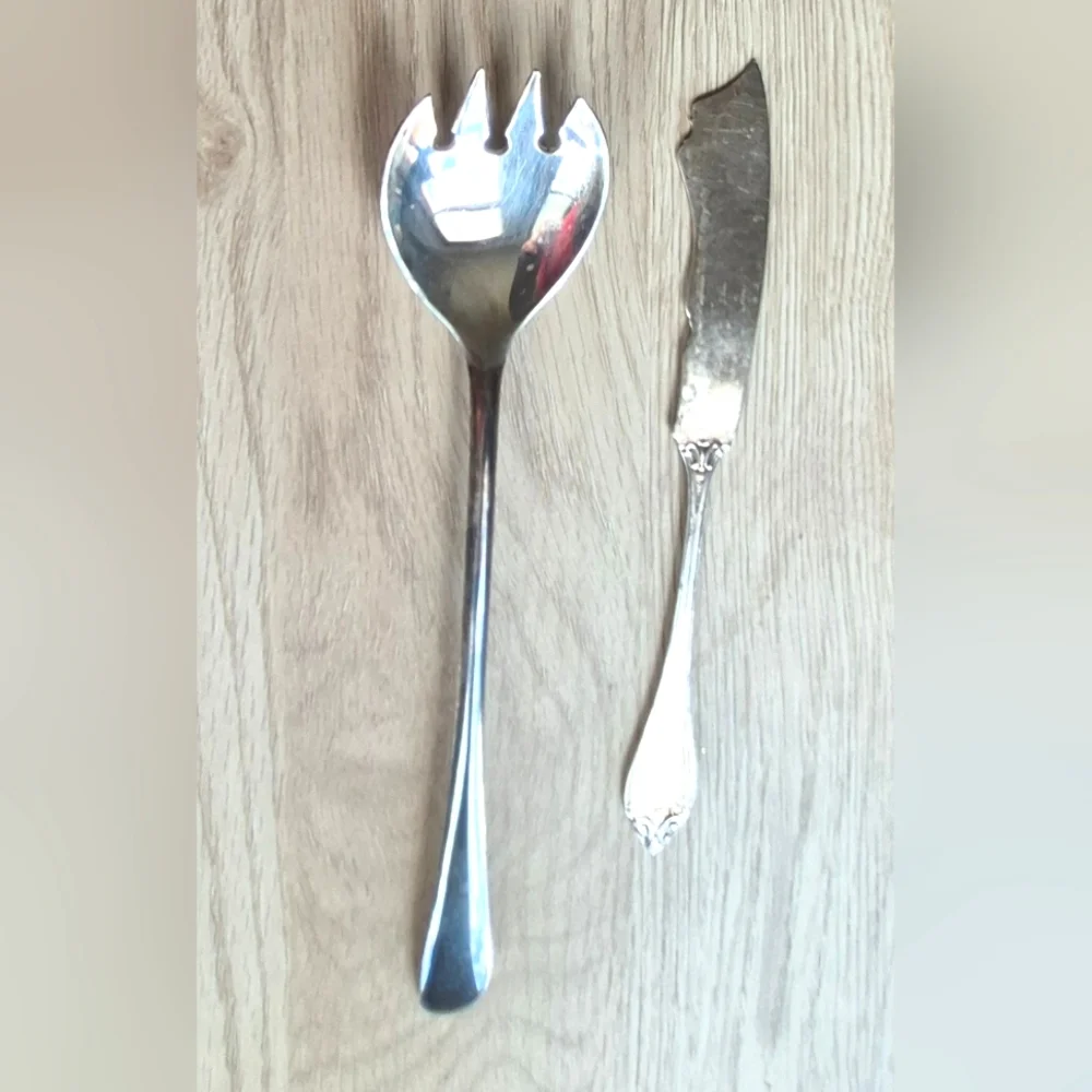 Vintage Silverplate Serving Salad Fork&Antique 1911 Silver Rose Butter Knife
